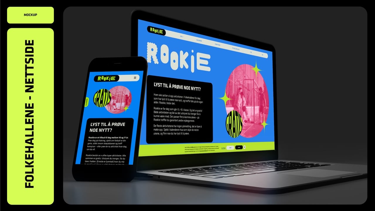 Presentasjonsslide med datamaskin og mobiltelefon som viser nettsiden til Rookie fra Folkehallene