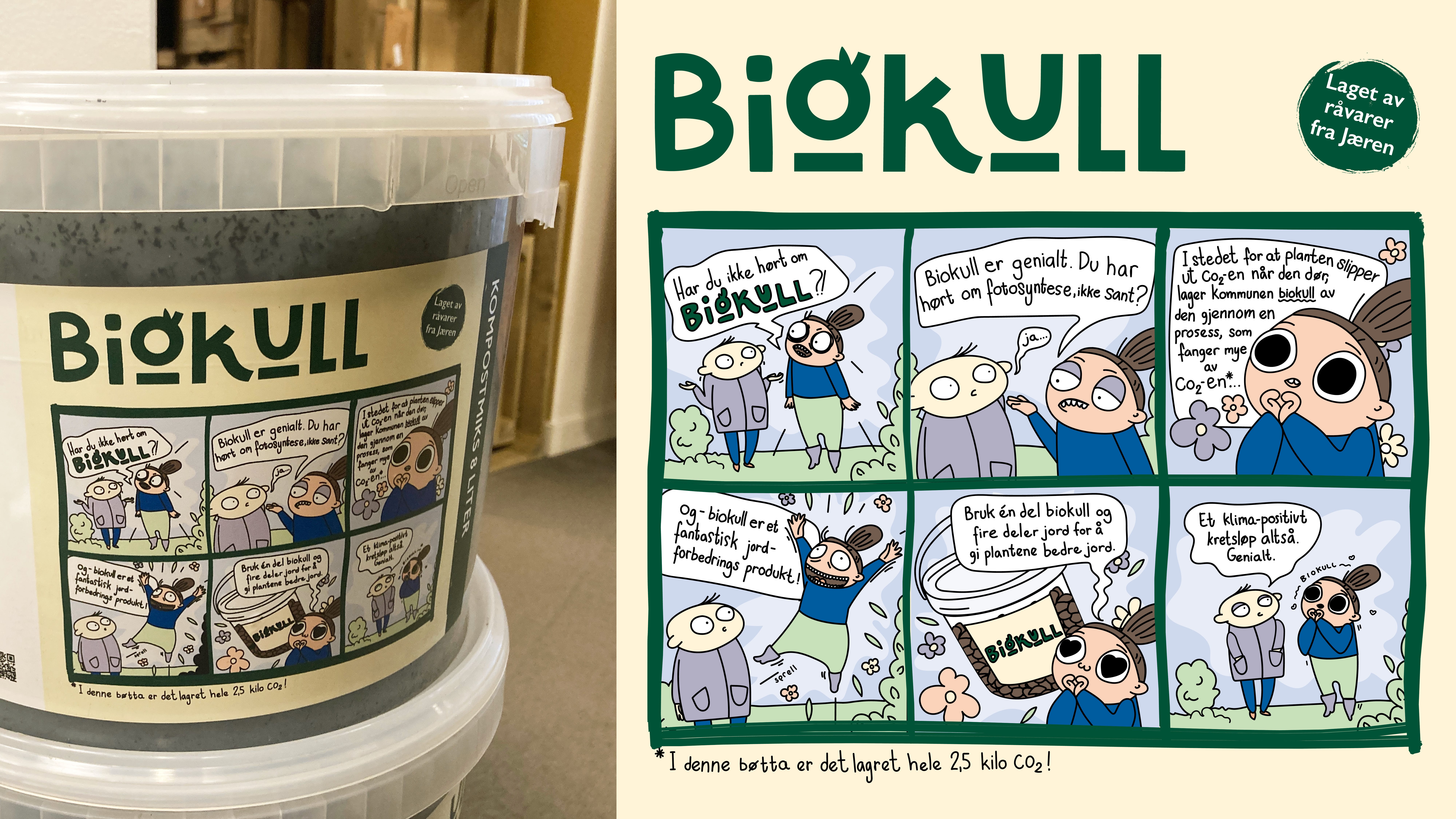 Bøtte med biokull og forstørret bilde av etiketten med tegneseriestripeinspirert forklaring